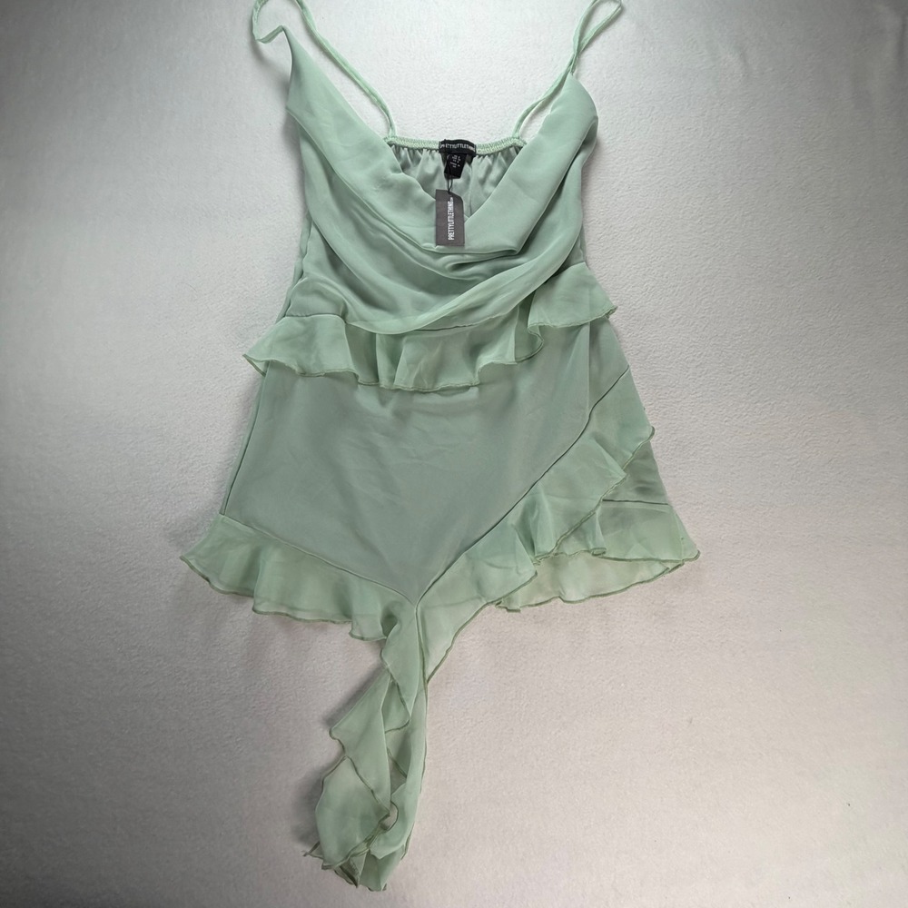 PrettyLittleThing Sage Green Ruffle Cowl Neck Chiffon Dress NWT Size 4 Womens